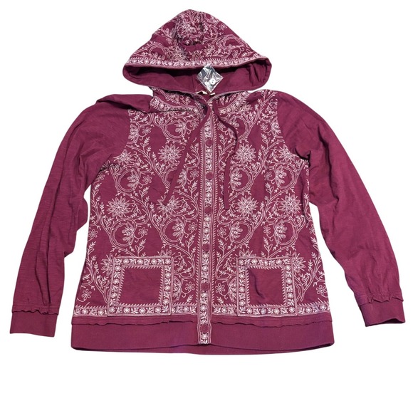 Soft Surroundings Tops - Soft Surroundings Burgundy Embroidered Button Up Hoodie Cotton Small‎ 2EG93